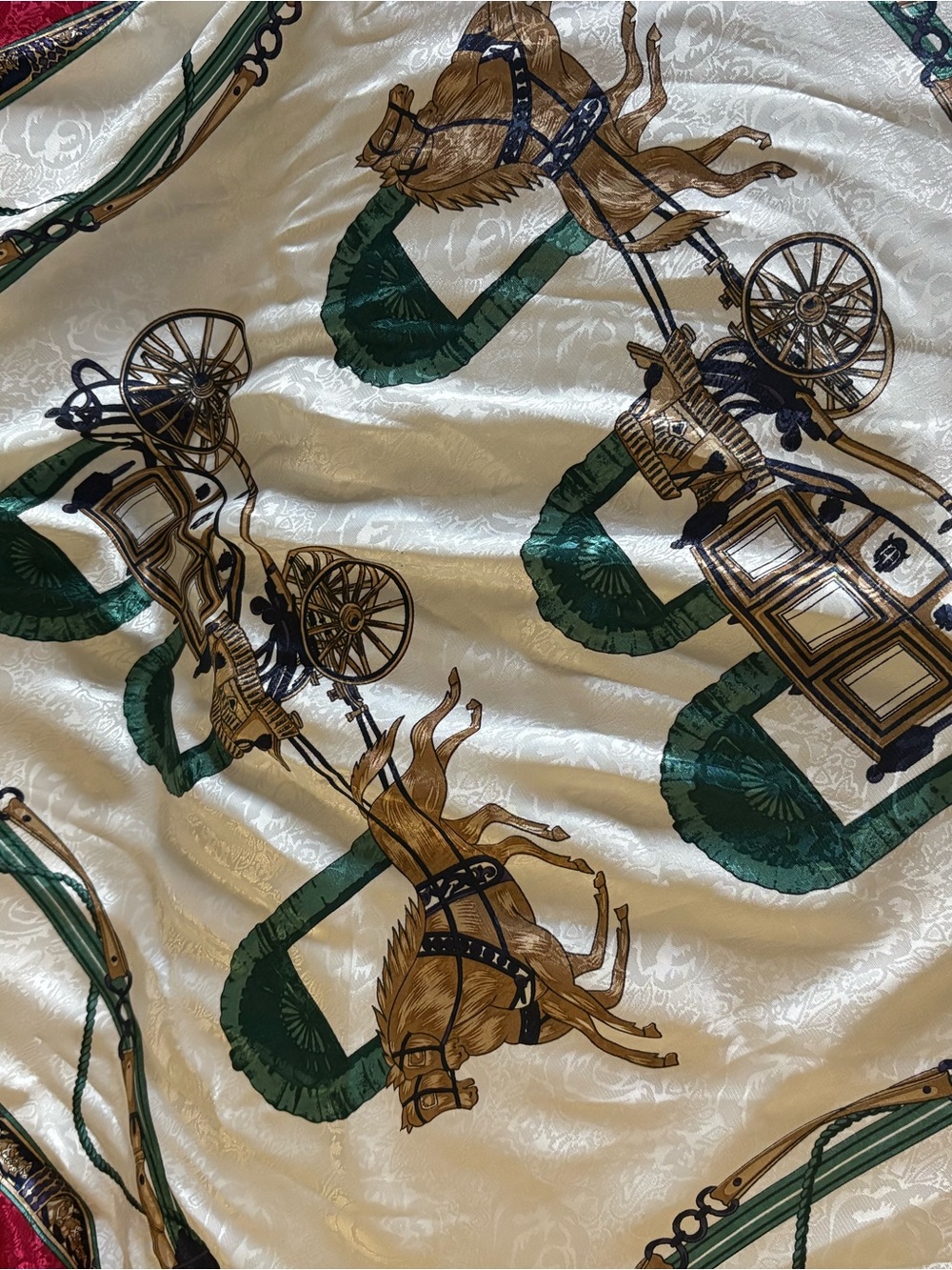Luxury Horse & Carriage Satin Scarf in Cream and Green